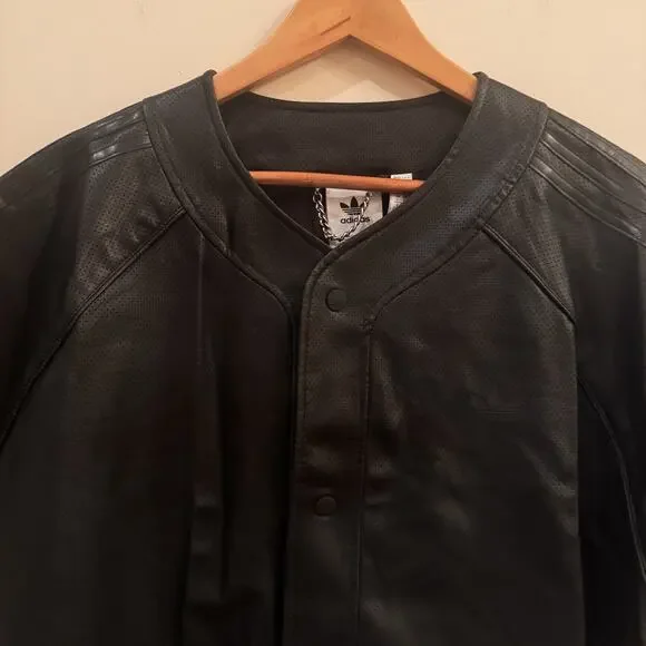 Adidas Originals Faux Leather Baseball Jersey Men's Large Black Snap Down 2024 - Picture 2 of 16